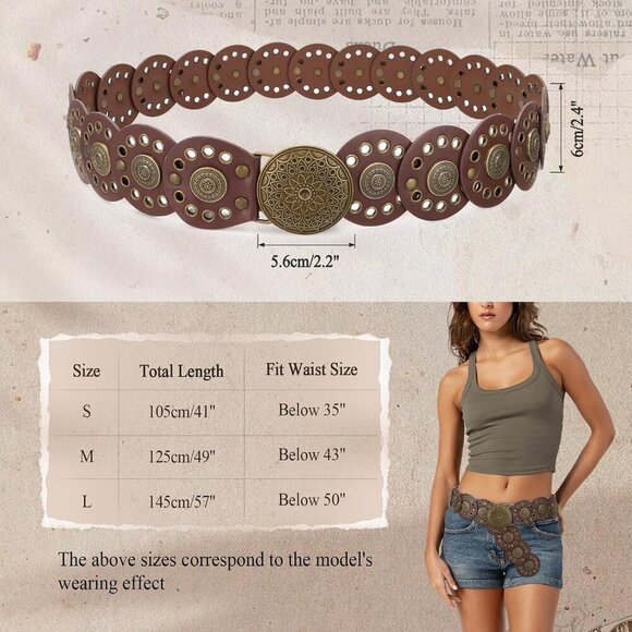 Women Vintage Disc Waist Concho Leather Belt Boho Waist Belt Brown Bronze Buckle main image 7